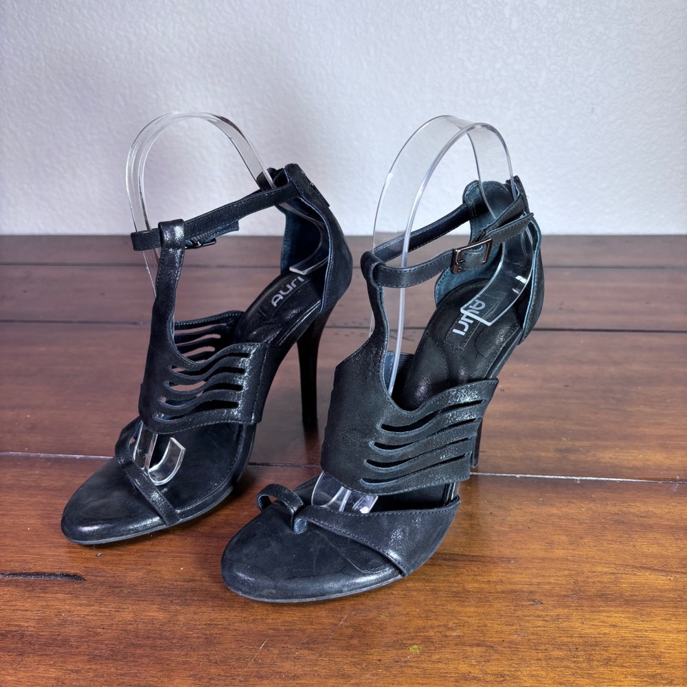 Auri Caged Stiletto Sandals Womens 37 Black Leather Metallic Strappy Zip Back